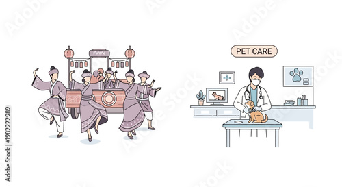 Traditional dancers and a veterinarian with a dog.