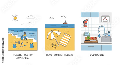 Vector illustration set for plastic pollution awareness, beach holiday, and food hygiene