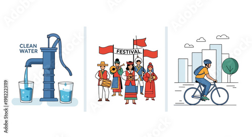 Sustainable development goals including clean water cultural festival and urban cycling