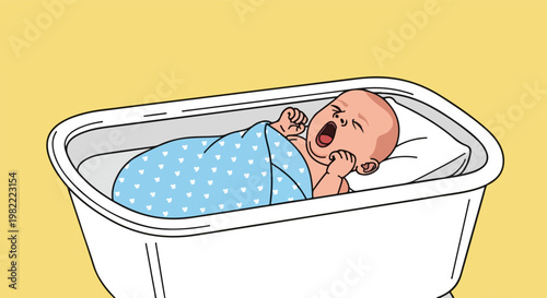 Crying newborn baby swaddled in blue blanket lying in a white hospital bassinet