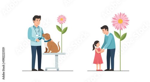 Promoting Health and Well-being: Pet Care and Parental Love Illustrations