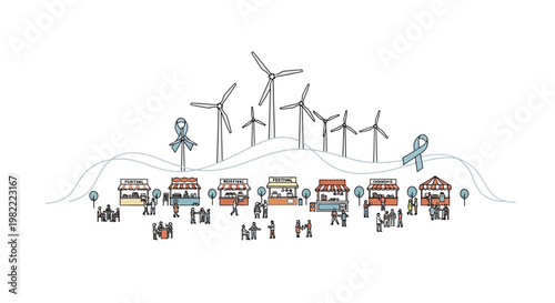 Wind energy festival with market stalls and people enjoying the day