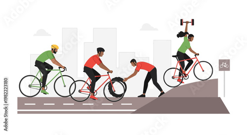 Illustration of diverse people riding bicycles and exercising in a city environment.