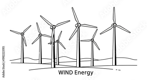 Line art illustration of a wind energy farm for renewable power generation.