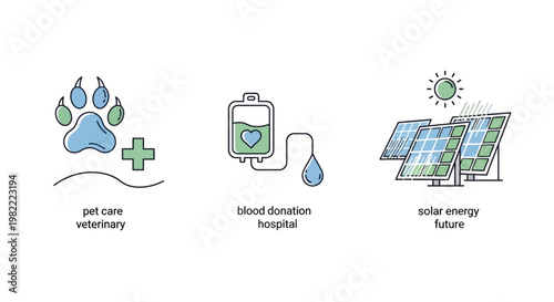 Collection of modern line icons: pet care, blood donation, and solar energy.