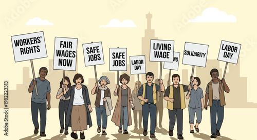 Diverse group of people holding protest signs for workers rights and fair wages
