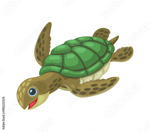 Green turtle sea underwater wildlife animal cartoon character. Coral reef aquatic green turtle cute personage, marine creature cheerful vector mascot. Ocean underwater wildlife animal funny character