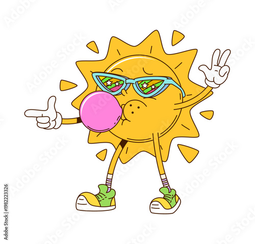 Sun inflates chewing gum cartoon groovy funny character. Happy retro comic character, funny groovy vector personage. Sun cheerful mascot wearing sunglasses, inflating bubble gum and pointing finger