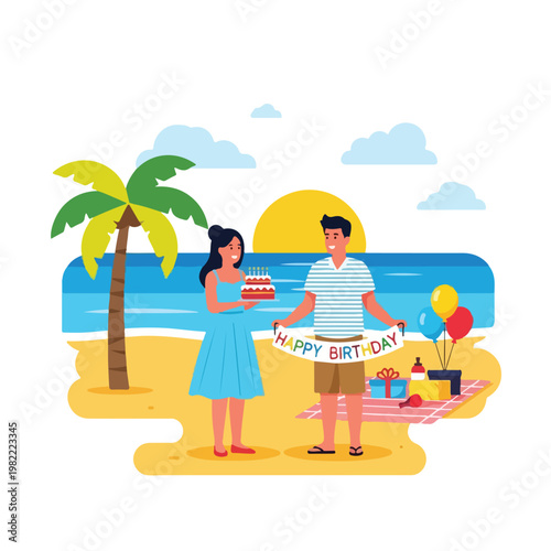 Couple celebrates birthday on tropical beach with cake, banner, and picnic items