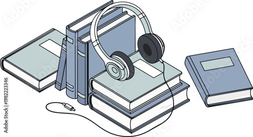 Audiobook Concept Illustration: Isometric Headphones Resting on a Stack of Books, Muted Blue Tones