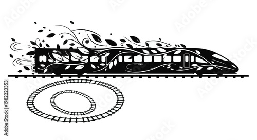 High speed train silhouette moves quickly through stylized leaves and nature patterns on the tracks.