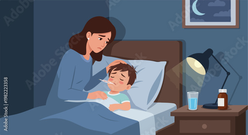 Worried mother caring for sick child in bed at night with thermometer and light