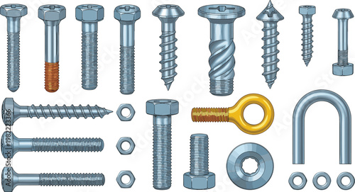 Set of metal bolts screws nuts and fasteners, industrial hardware collection, construction tools and equipment, detailed mechanical vector illustration