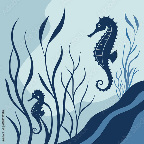 Two seahorses and seaweed in a calming blue underwater landscape with bubbles add a dynamic touch to the tranquil setting sea life seahorse