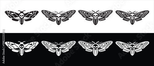 Acherontia Moth Skull Face Silhouette. Vector Illustration Set.