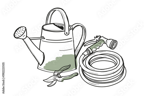 This vector illustration features essential gardening tools including a watering can, a garden hose, and pruners. Ideal for garden-related projects, it captures the essence of gardening.