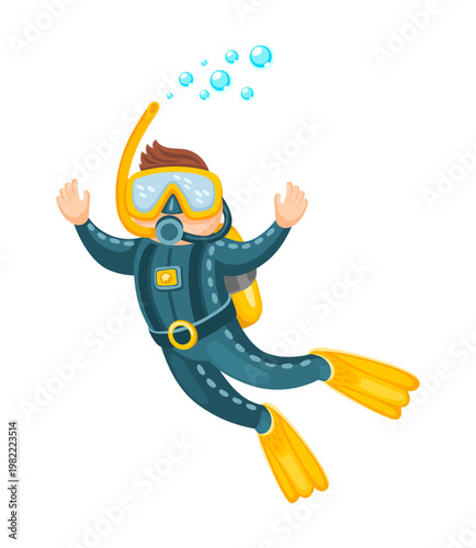 Ocean underwater man diver cartoon character. Underwater diver funny character, deep snorkeling isolated vector personage. Coral reef exploration mascot with man diving in yellow flippers and mask