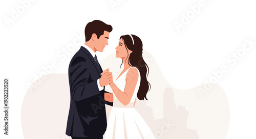 Elegant flat vector illustration of a bride and groom dancing together on white