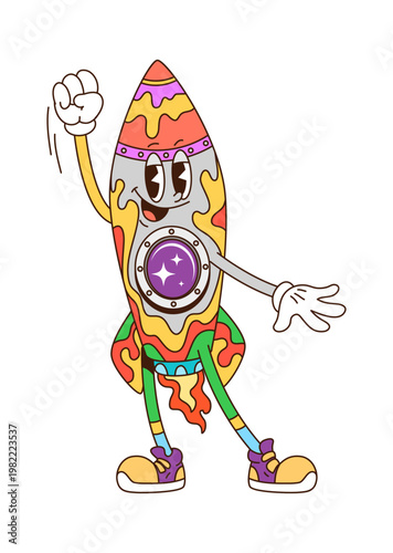 Space rocket cartoon groovy adorable character. Outer space research or discovery groovy mascot, cosmos science isolated vector character. Astronomy technology spaceship rocket funny funky personage