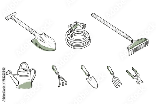 This vector illustration features a collection of essential gardening tools including a shovel, hose, rake, watering can, and various hand tools. Ideal for gardening enthusiasts.
