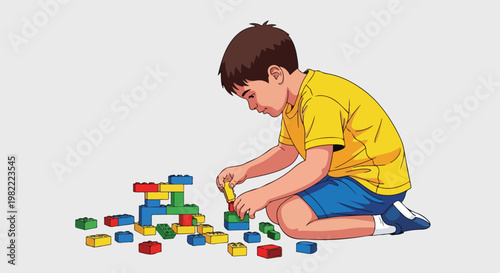 Little boy in yellow shirt and blue shorts playing with colorful plastic blocks