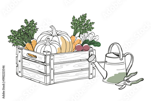This vector illustration features a wooden basket filled with assorted vegetables like pumpkins, carrots, and radishes, alongside a watering can and garden shears. Ideal for farming and gardening them