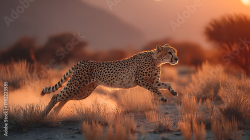 Cheetah's Sprint in the Savanna: A cheetah races across the sun-kissed savanna, its form a blur of speed and power, bathed in the warm light of the setting sun.
