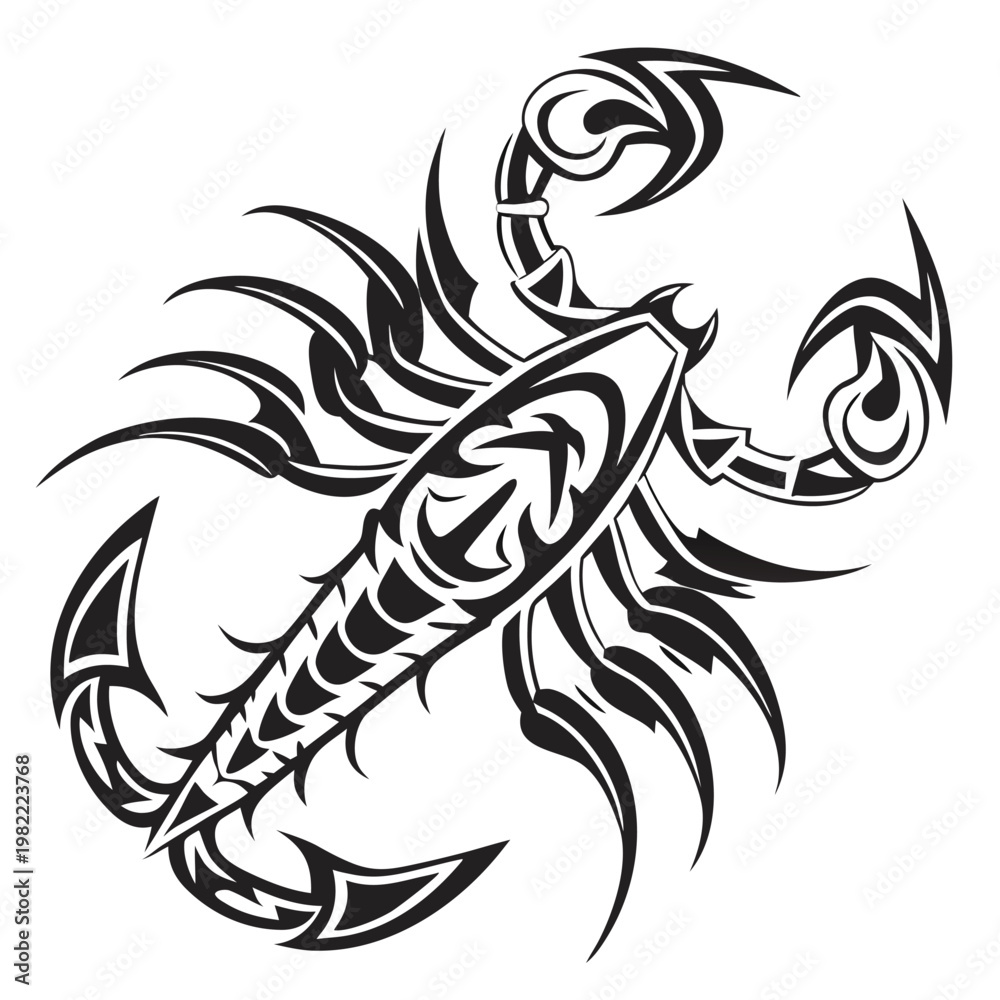 Obraz premium Stylized black scorpion with patterned body and raised tail scorpion arachnid silhouette creature mythology aggressive segmented