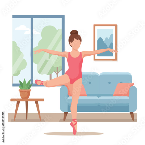 Ballerina in a pink leotard practices ballet in a cozy blue living room setting
