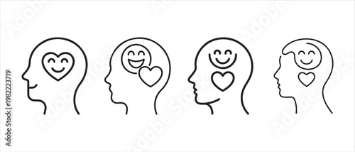 Human heads with happy faces and hearts inside, representing positive emotions and mental state vector illustration.