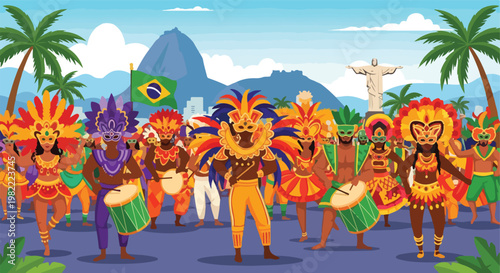Vibrant Brazilian carnival parade with dancers and drummers before Rio landmarks
