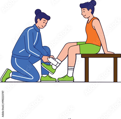 Athletic trainer assisting a sportswoman with her shoe laces vector illustration