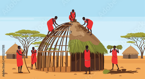 African tribal community building a traditional mud hut in a savanna landscape