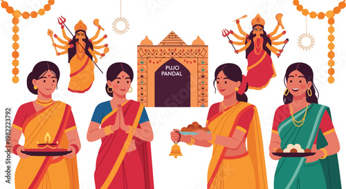 Indian women in traditional saris celebrating Durga Puja at a festive pandal