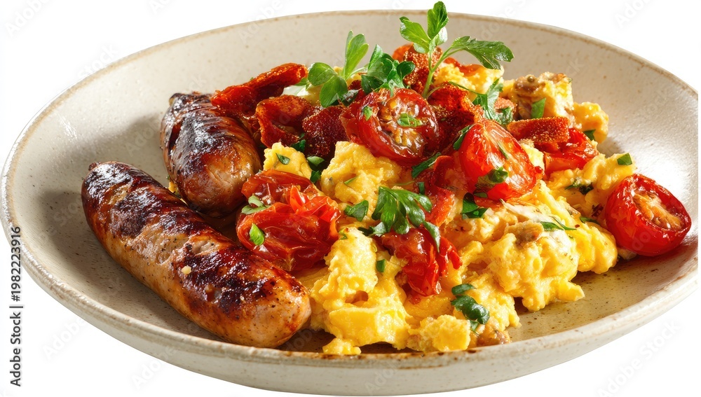 Naklejka premium Delicious breakfast plate of scrambled eggs tomatoes and sausages