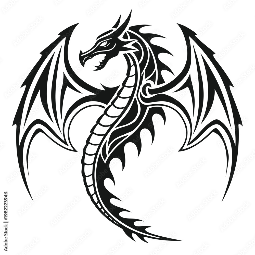 Obraz premium Tribal dragon with spread wings black ink design mythical creature illustration silhouette medieval powerful aggressive gargoyle