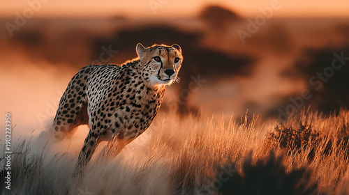 Cheetah's Sprint in the Savanna: A cheetah gracefully sprints across the African savanna, its spotted coat blending with the golden hues of the setting sun, embodying speed and the thrill of the hunt.