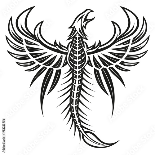 Tribal phoenix bird with outstretched wings and fiery body mythical creature immortal illustration silhouette feathers powerful
