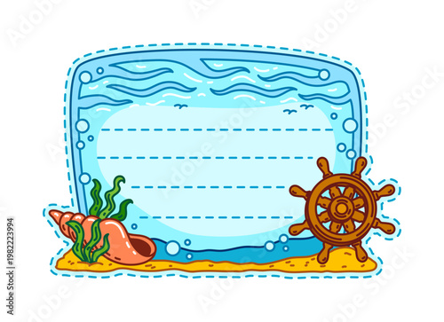 Marine nautical kids memo note of ocean underwater frame for planner list, vector sticker. Kids memo note with seashell and ship helm in water wave for message post and daily plan page of diary label
