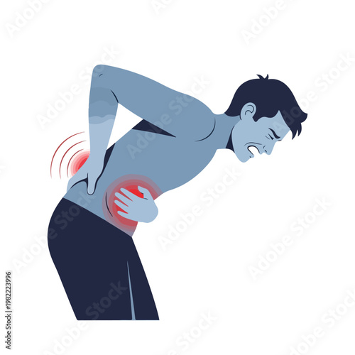 Flat vector illustration of a man suffering from severe back and abdominal pain