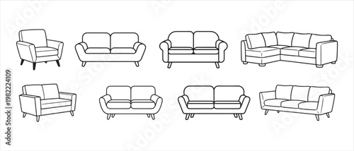 Collection of sofa and armchair outlines, flat design set, modern furniture vector illustration.