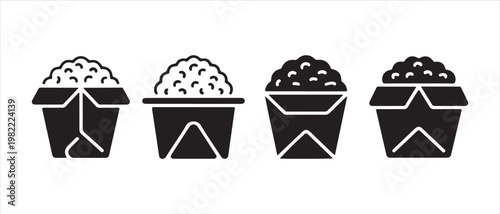 Set of black icons featuring takeaway food containers filled with rice, vector illustration.