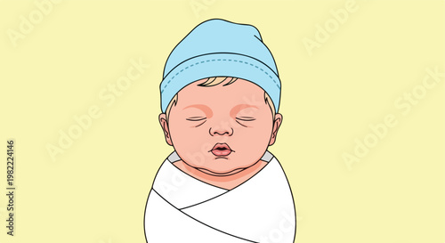 Cute cartoon of a sleeping newborn baby swaddled in white wearing a blue beanie