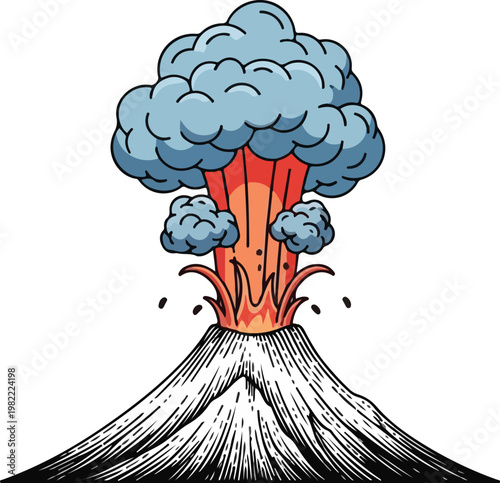 Volcanic eruption with a mushroom cloud forming over the crater vector illustration