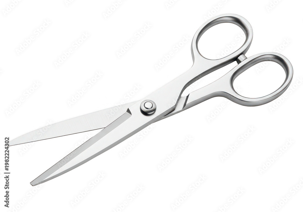 Fototapeta premium A silver pair of scissors is displayed at an angle showcasing its sleek design on transparent background