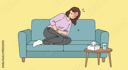 Young woman holding her stomach in pain sitting on a teal sofa and feeling sick