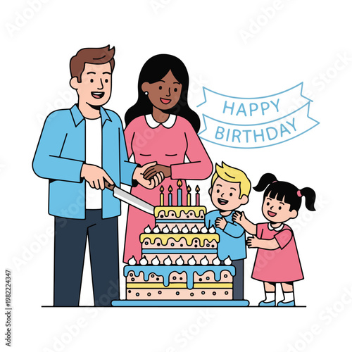 A multiracial family celebrates a birthday with a large, tiered cake and banner