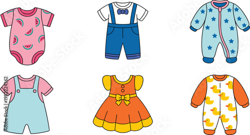 Set of cute baby clothes and infant fashion outfits including onesies rompers and dress with watermelon duck and star patterns vector illustration.