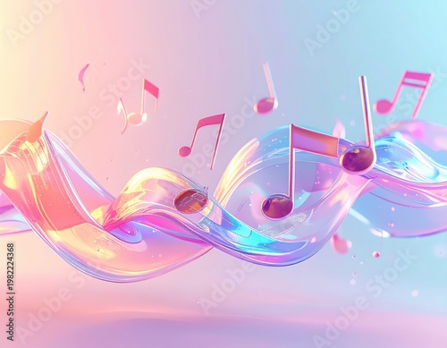 Abstract fluid iridescent waves with musical notes on gradient background