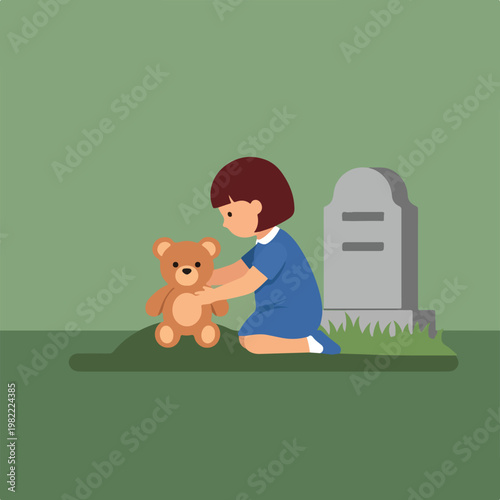 Little girl in a blue dress placing a teddy bear at a grave in a cemetery scene